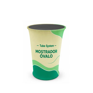 Mostrador Tubular Óvalo con diseño publicitario de ejemplo para ferias y eventos