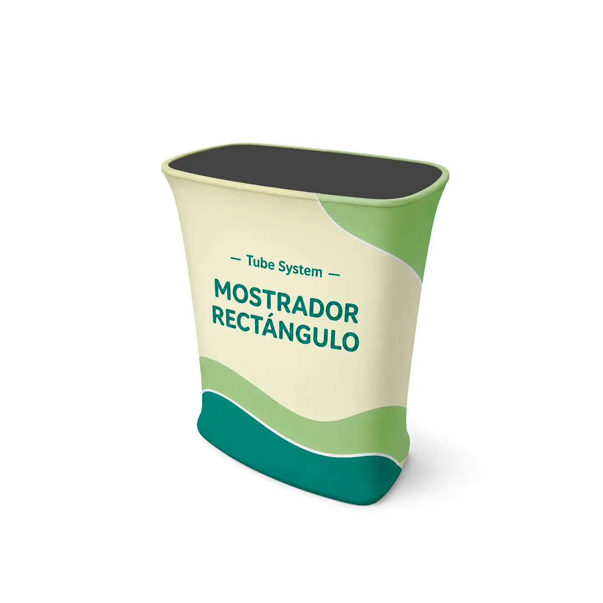 Mostrador Tubular Rectángulo con diseño publicitario de ejemplo para ferias y eventos
