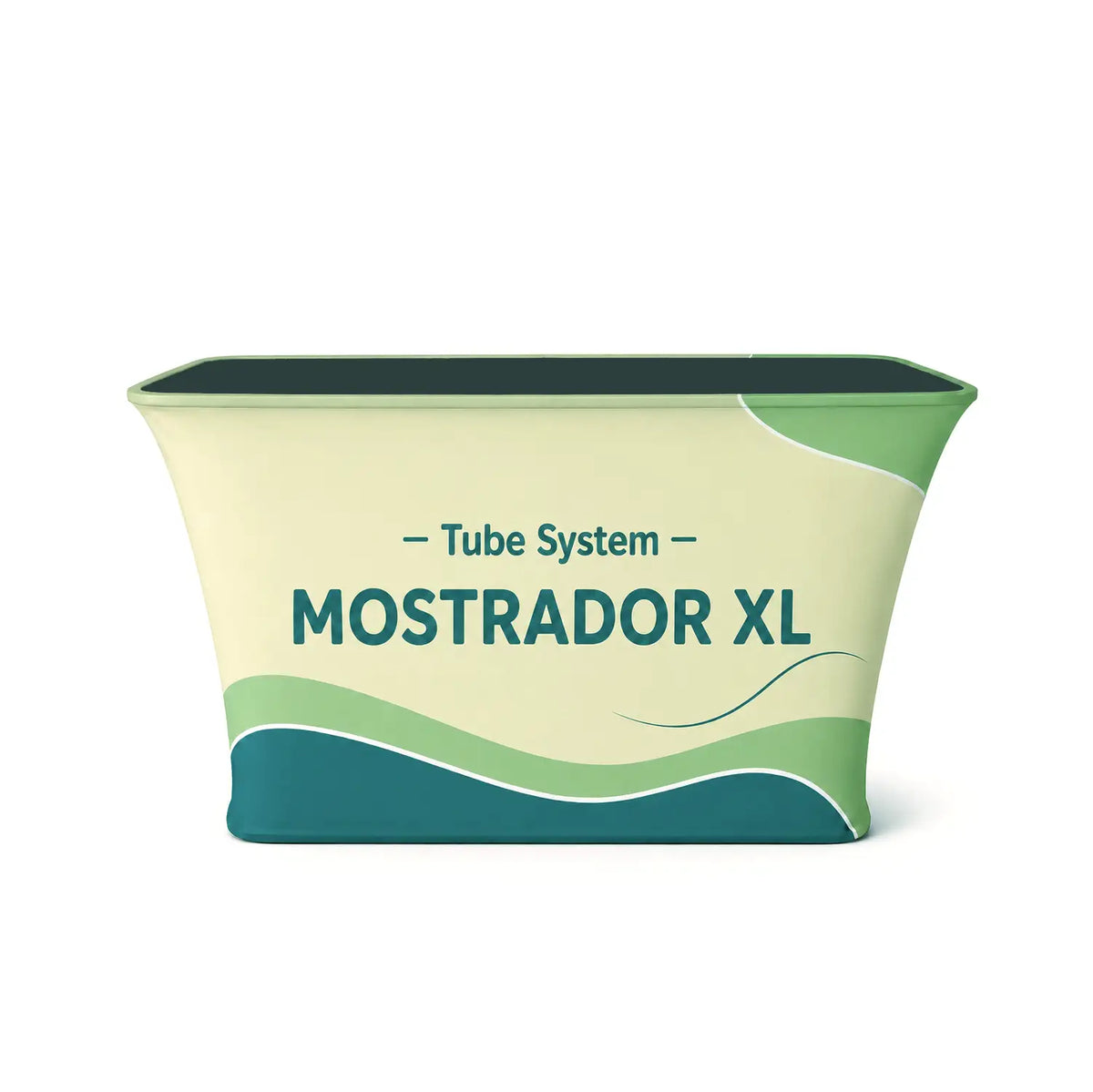 Mostrador Tubular XL con diseño publicitario de ejemplo para ferias y eventos