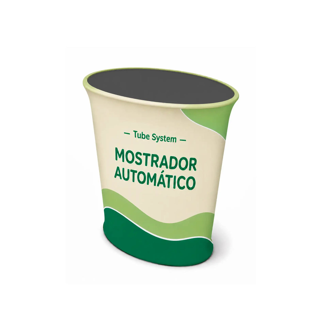 Mostrador Tubular Automático con diseño publicitario de ejemplo para ferias y eventos