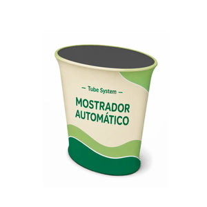 Mostrador Tubular Automático con diseño publicitario de ejemplo para ferias y eventos