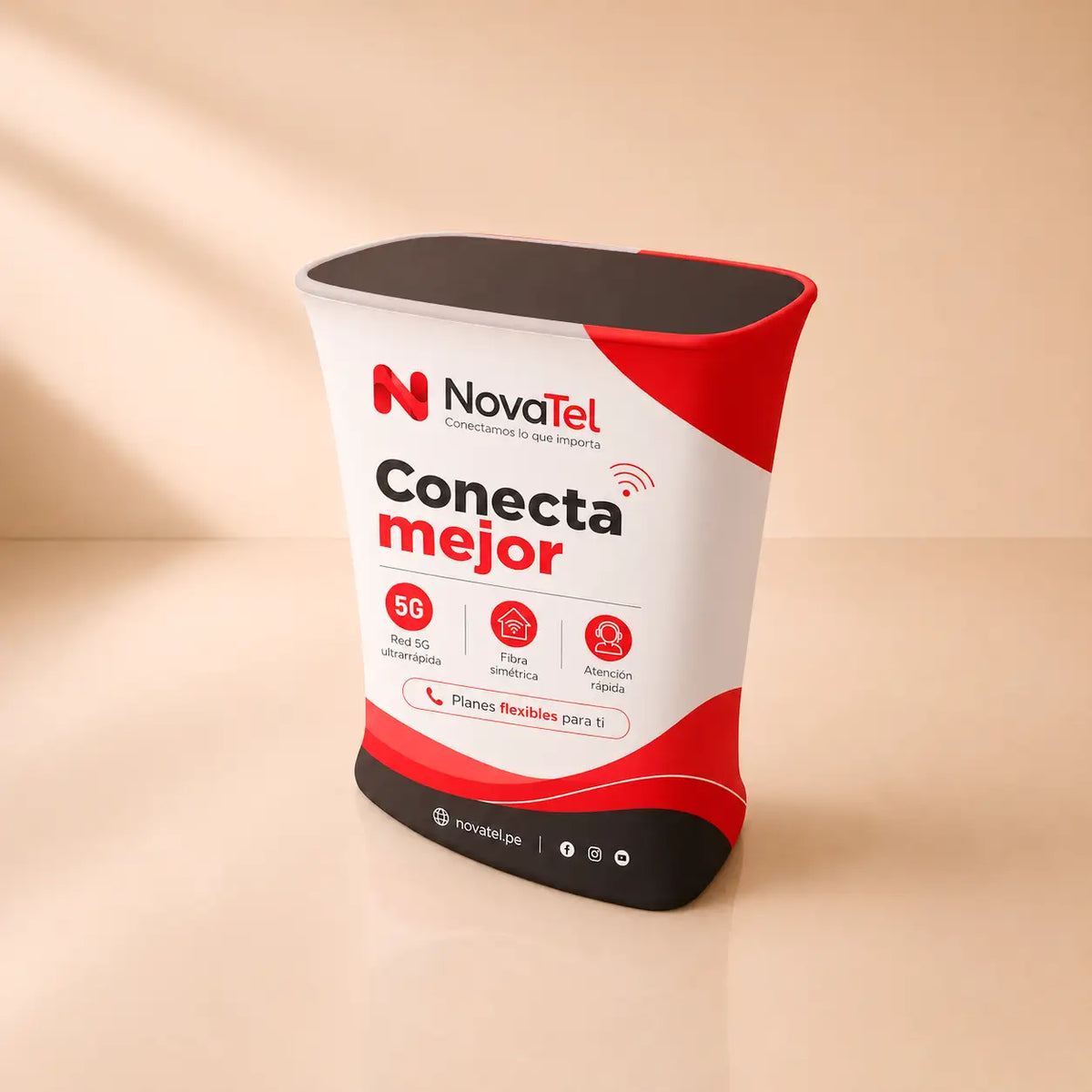 Mostrador Tubular Rectángulo con textil impreso y tabla superior