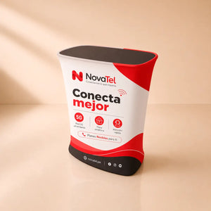 Mostrador Tubular Rectángulo con textil impreso y tabla superior