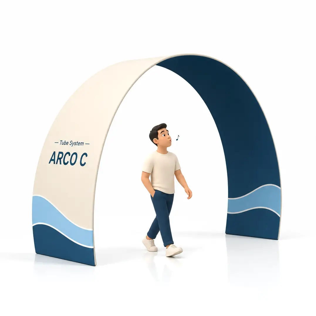 Photocall Tubular Arco C con diseño publicitario de ejemplo para ferias y eventos