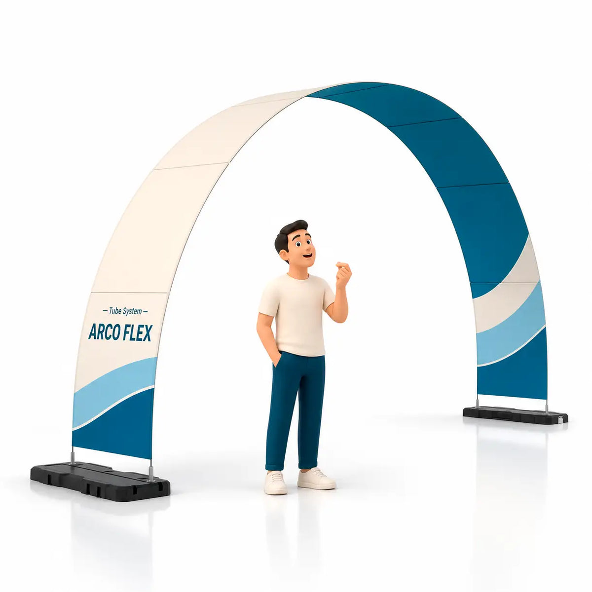 Photocall Tubular Arco Flex con diseño publicitario de ejemplo para ferias y eventos