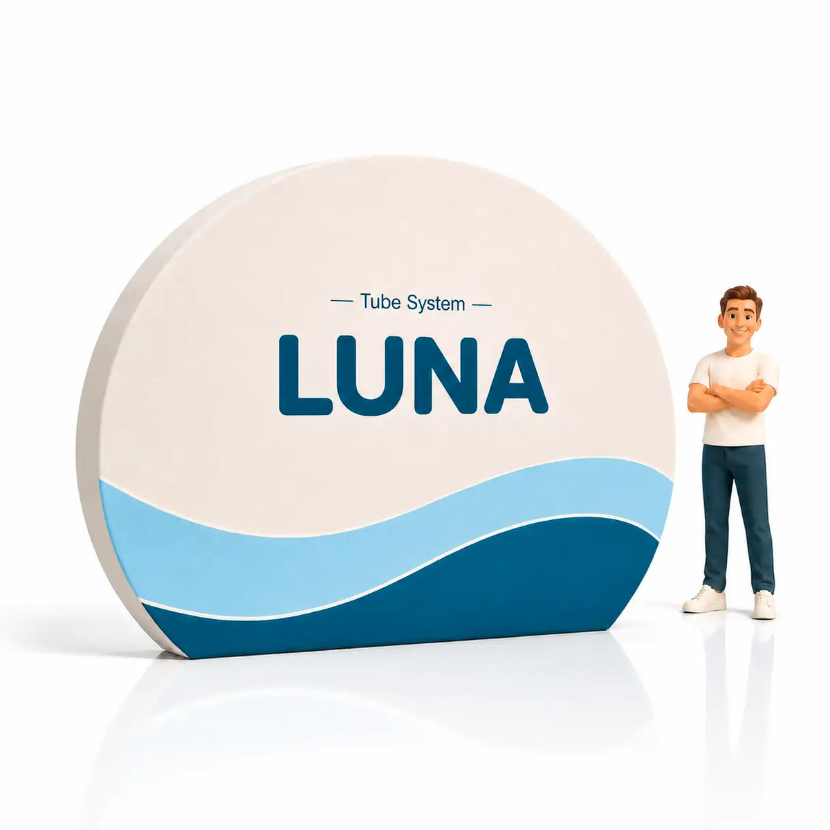 Photocall Tubular Luna con diseño publicitario de ejemplo para ferias y eventos